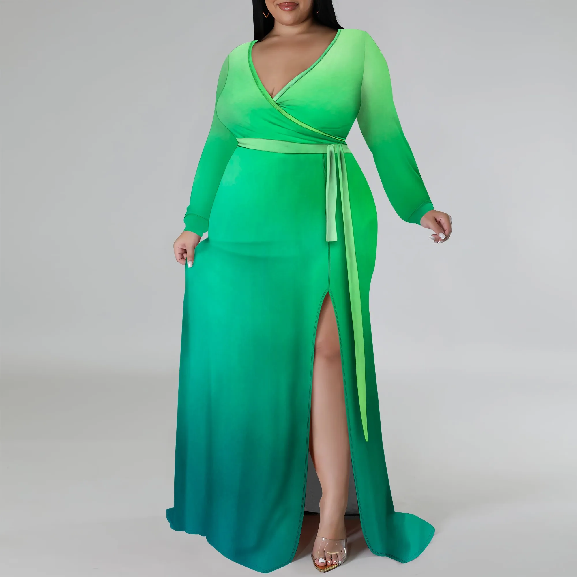 

Nupusa зеленое, синее платье с принтом омбре для женщин, большие размеры, повседневное платье макси с v-образным вырезом и длинными рукавами, с поясом и разрезом