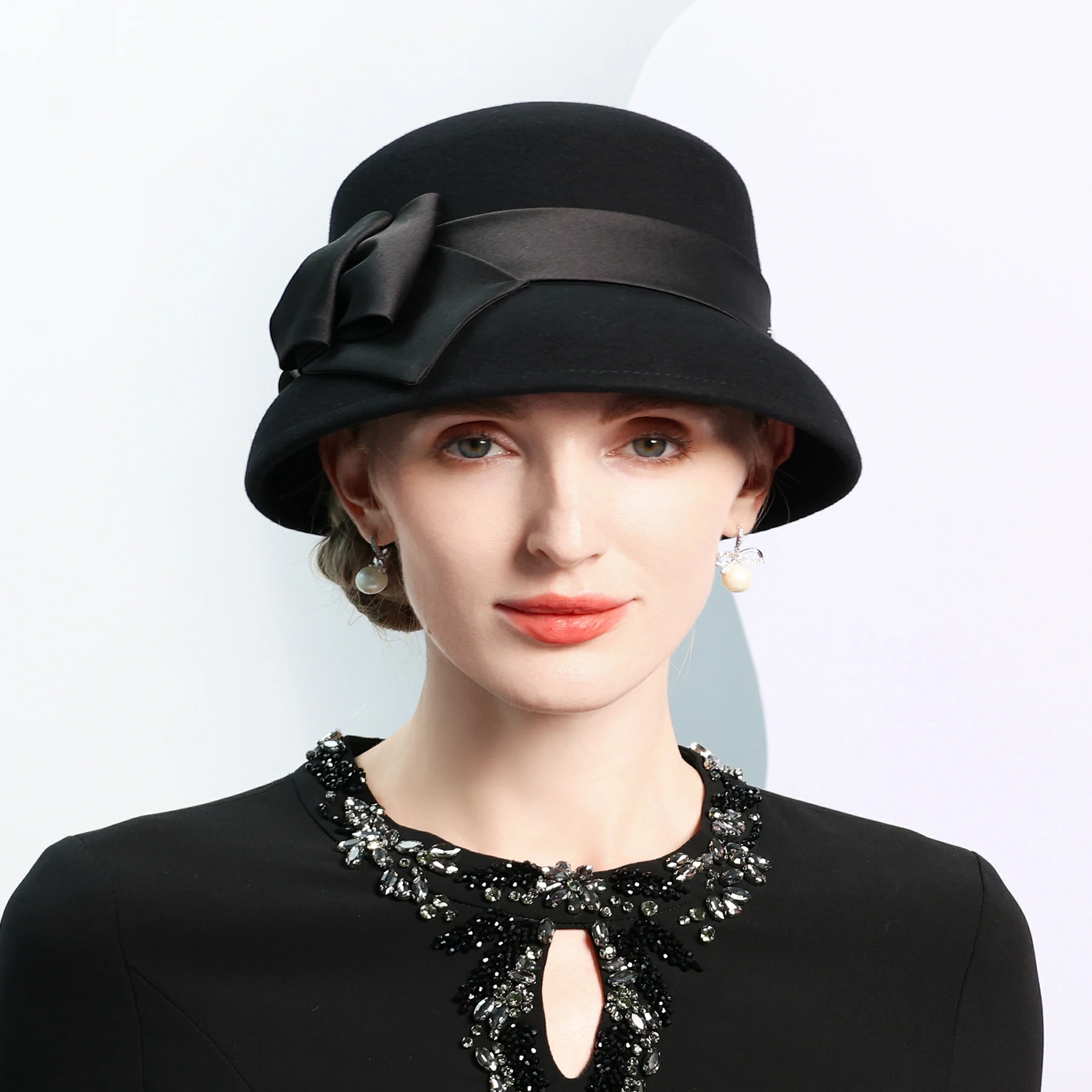 FS Black Formal Top Hats For Women Elegant Wedding Church Bucket Hat  Winter Wool Fedoras With Bowknot Ladies Party Millinery