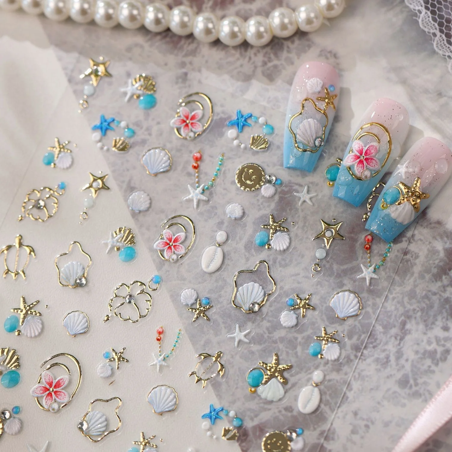 Ocean Turtle Shell Starfish 5D Nail Art Sticker Hibiscus Flower Pearl Chain Metal Ring Bead Self Adhesive Decals Summer Holiday