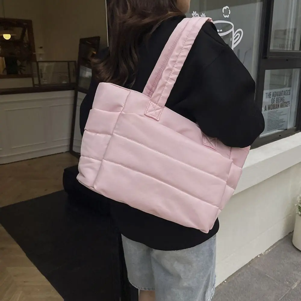 

Korean Style Down Cotton Shoulder Bag Solid Color Lightweight Puffy Bag Large Capacity Space Cotton Nylon Handbag Autumn Winter