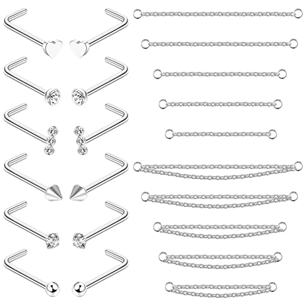 Nose Rings Chain Piercing Across Double with Chain Studs with Chain 20G Piercing Stud Nostril Jewelry for Women Men