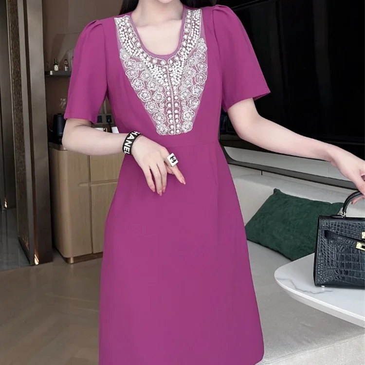 

Dress for women 2024 summer new lace beaded temperament design sense slim fit contrasting color A-line skirt summer dress