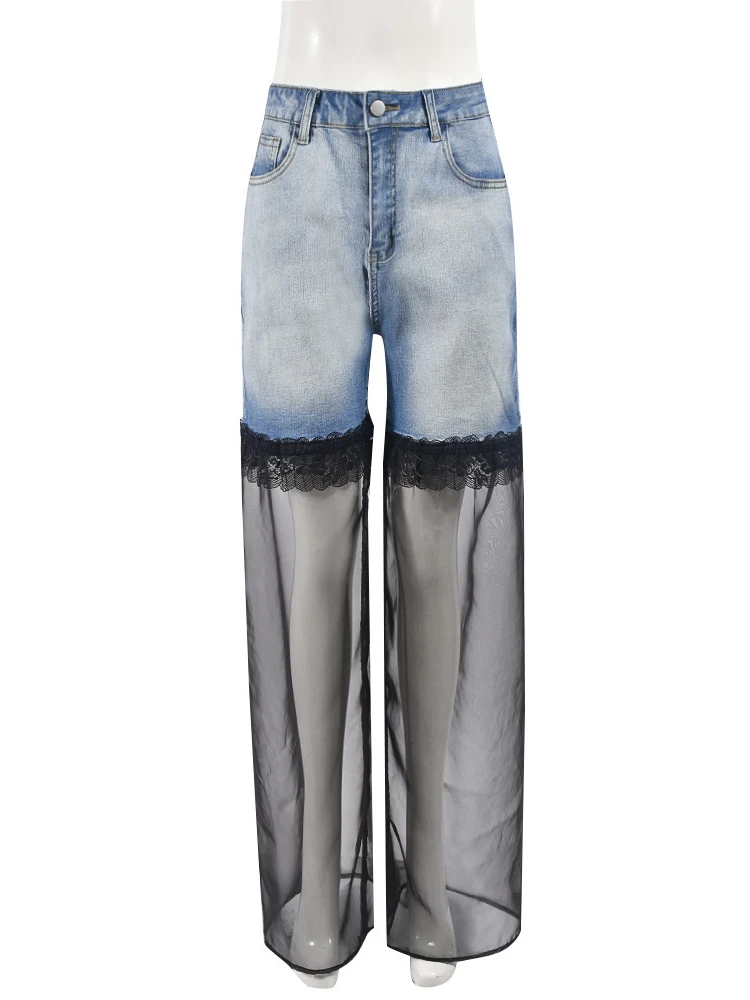 Deat Fashion Damesjeans Hoge Taille Contrast Kleur Kant Gesplitst Mesh Katoenen Design Wijde Pijpen Broek Zomer 2024 Nieuw Tij 7ab4364