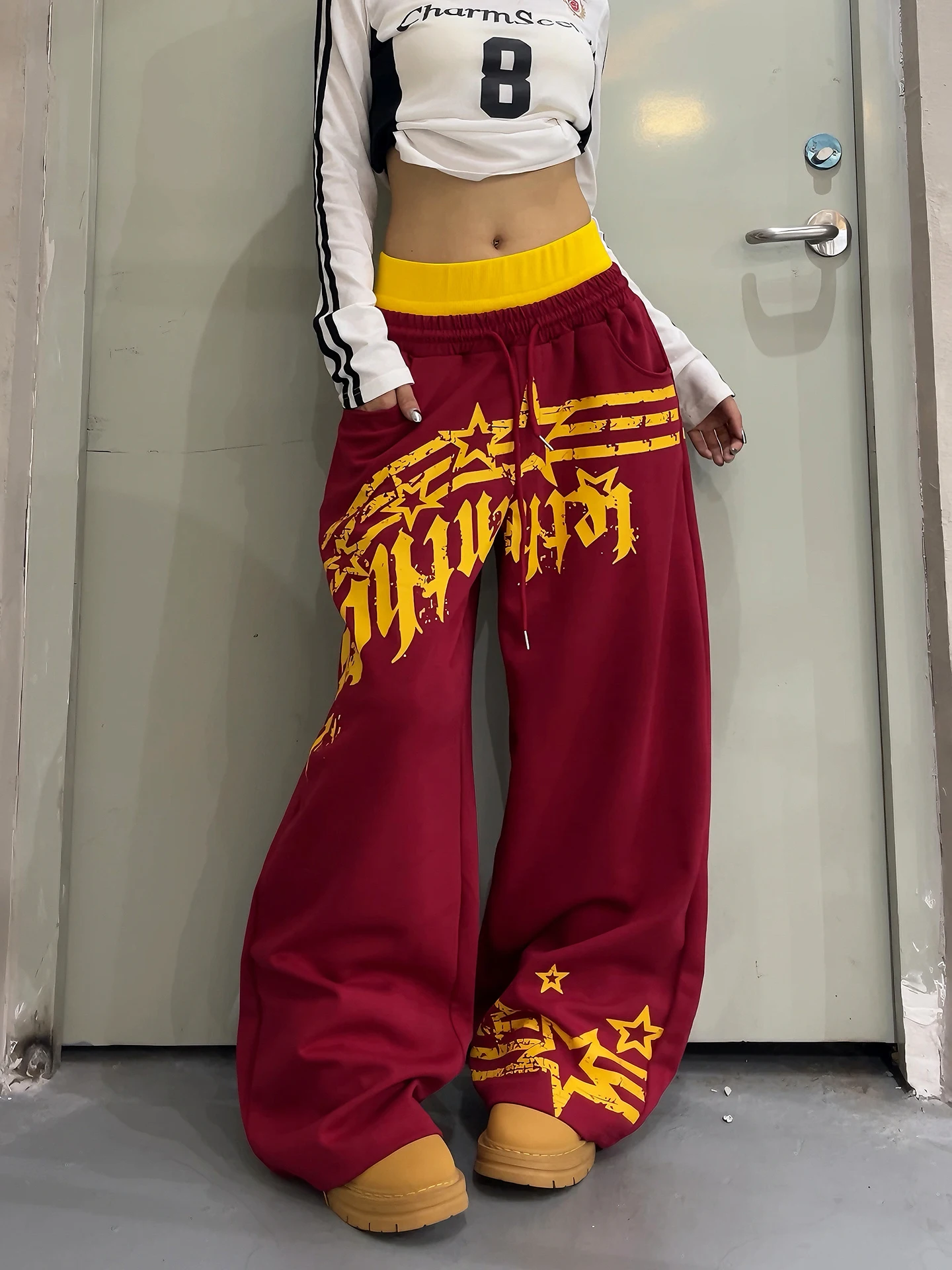 American Street Style Color Block Printed Casual Sweatpants Women's Double Waist Head Dancing Wide Leg Long Trousers Trendy