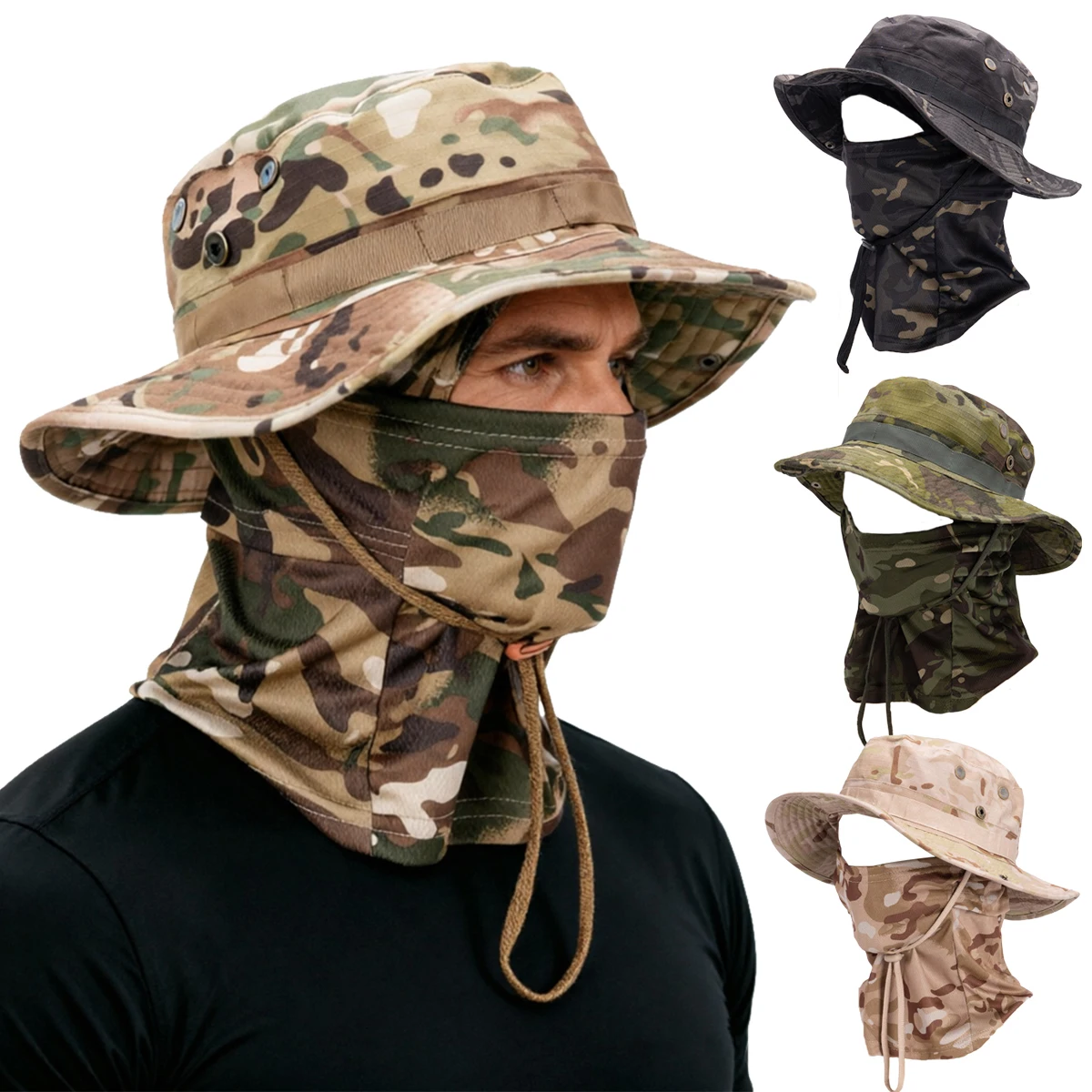 2Pcs Balaclava Ski Mask Camouflage Boonie Hat Suit for Women Men Foldable Soft Hat Outdoor Hunting Fishing Skiing Cycling Wide