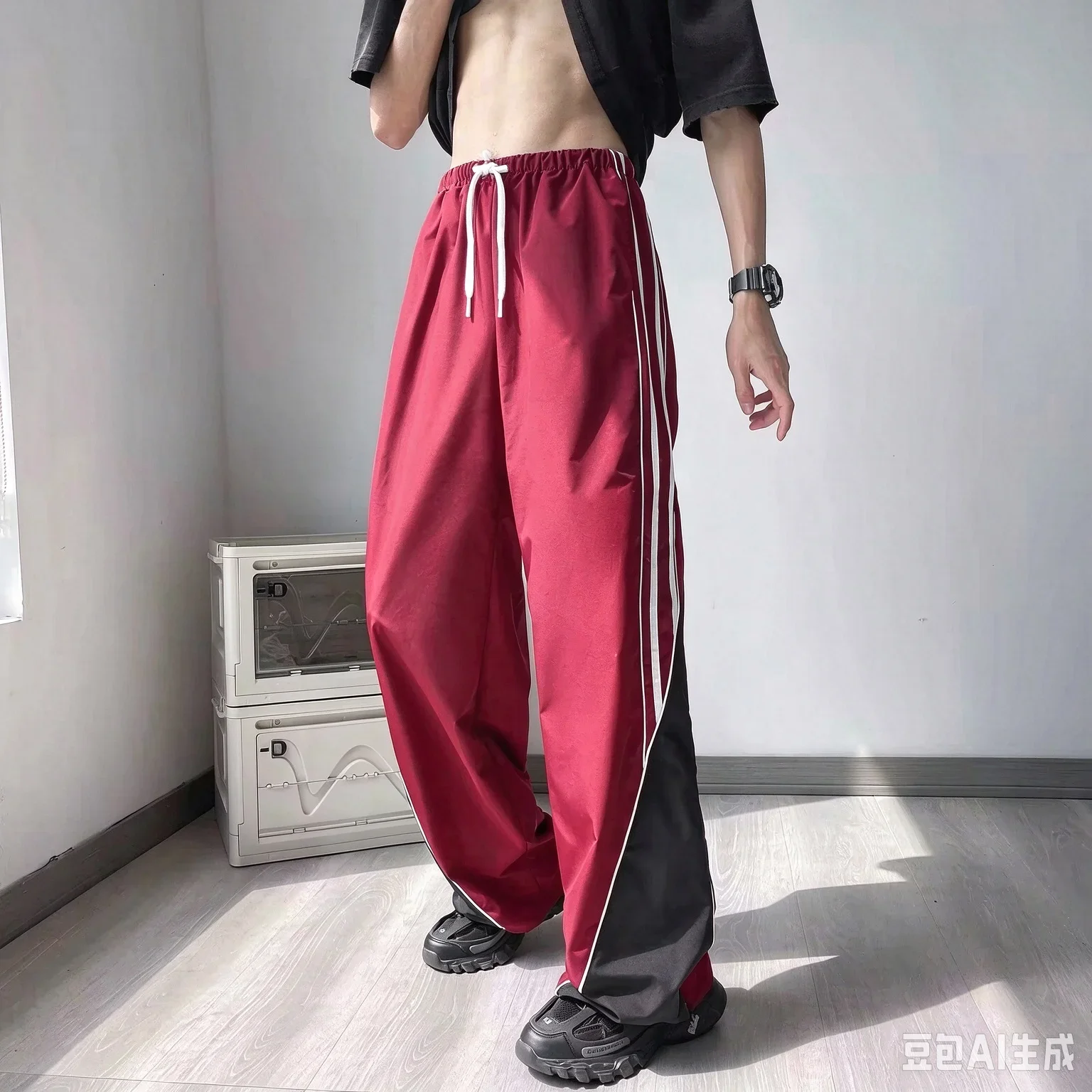 Heißer Verkauf Unisex gebogene weiße Seitenstreifen-Fallschirmhose mit weitem Bein, lockere Baggy-Hose für Herren, Hip-Hop-Streetwear, lässige Sporthose – Detail 11