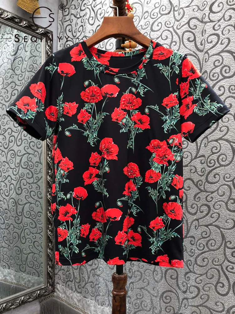 

SEQINYY Summer Tee New Fashion Design Women Runway High Quality Beading Red Flowers Vintage Print Sicily Casual Top