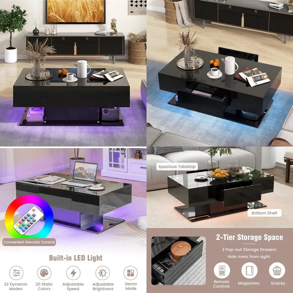 

Modern 2-Tier LED Coffee Table with Storage Drawers, Adjustable Brightness and Speed, 20-Color Light, 43.5 Long