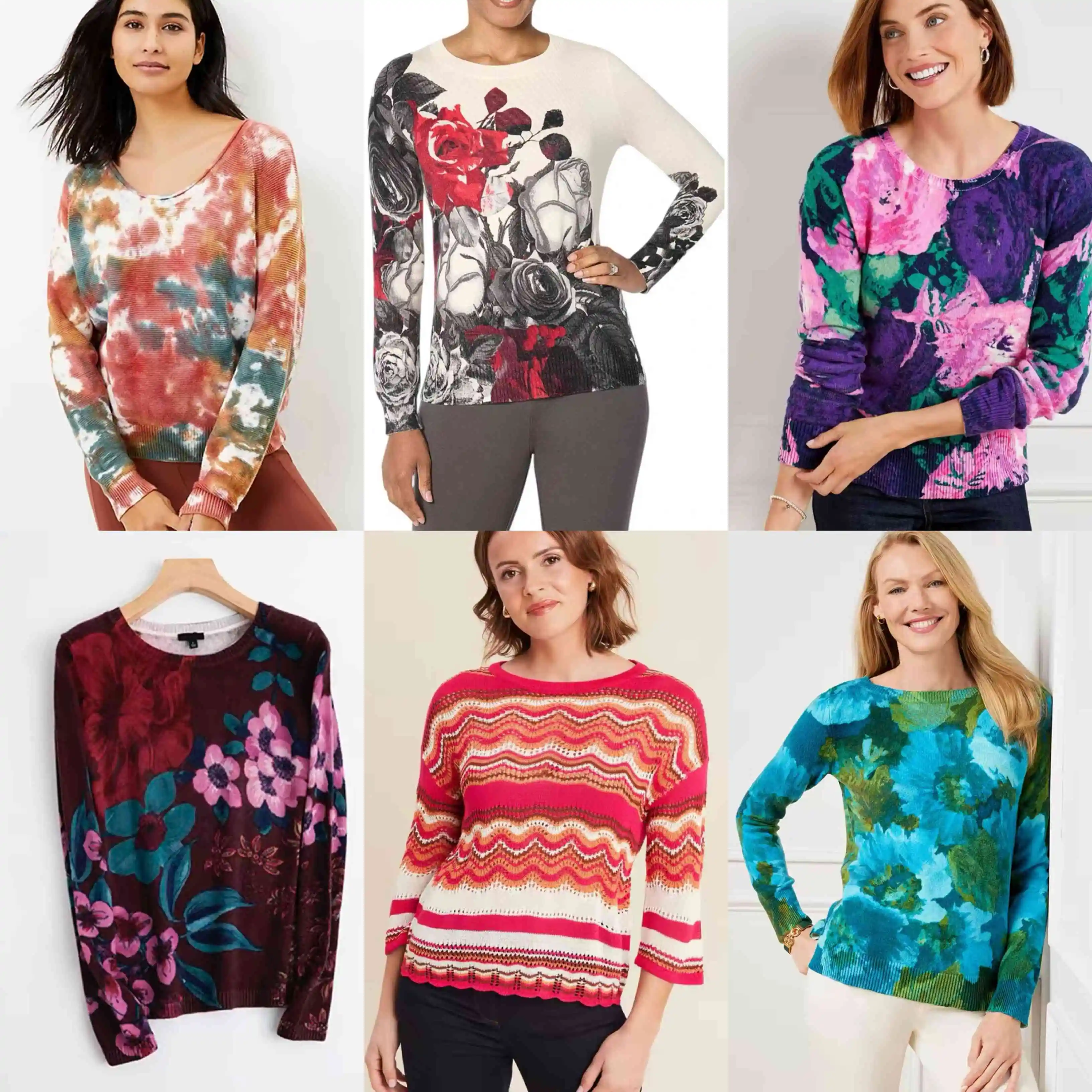 European and American original heavy industry embroidery tie dye printed elastic women's knitted sweater round neck