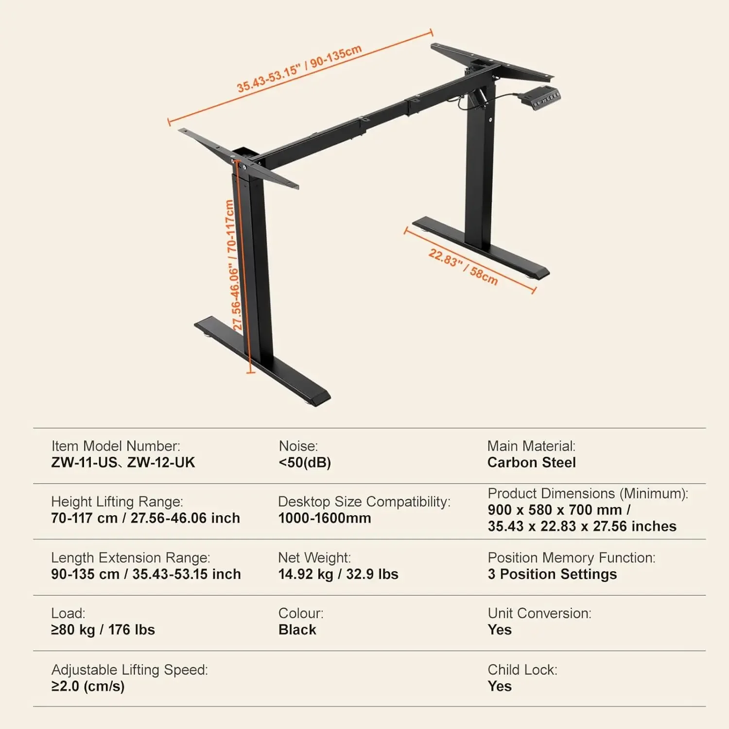 Standing Desk Frame, Adjustable 27.6-46.1 inch Height & 35.4-53.2 inch Length Electric Stand Up Computer Desk Legs