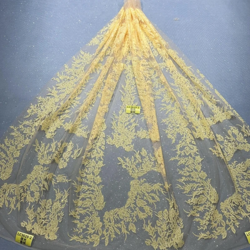 10 Yards Light Champagne Noctilucent Tulle Lace Fabric High Quality Fashion Gold Glue Glitter Net Lace With Beads Sequin For Par
