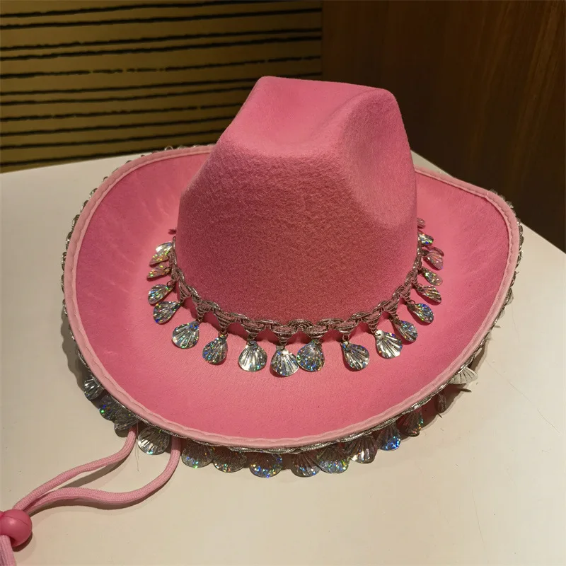 Cowboy Hat Sequined Pink Western Crown Denim Frayed Diamond Feather Hot Girl Gradient Tassel New Fedora Hat