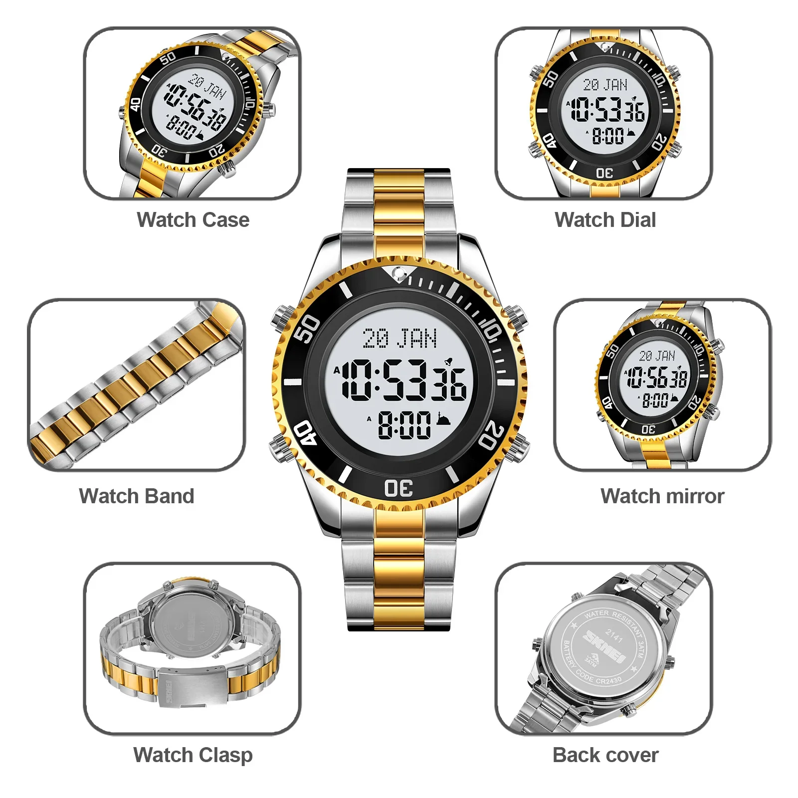 SKMEI 2141 Stainless Steel Digital Watche Muslim Azan Prayer Compass Clock Adhan Alarm Hijri Islamic Wristwatch with Back Light