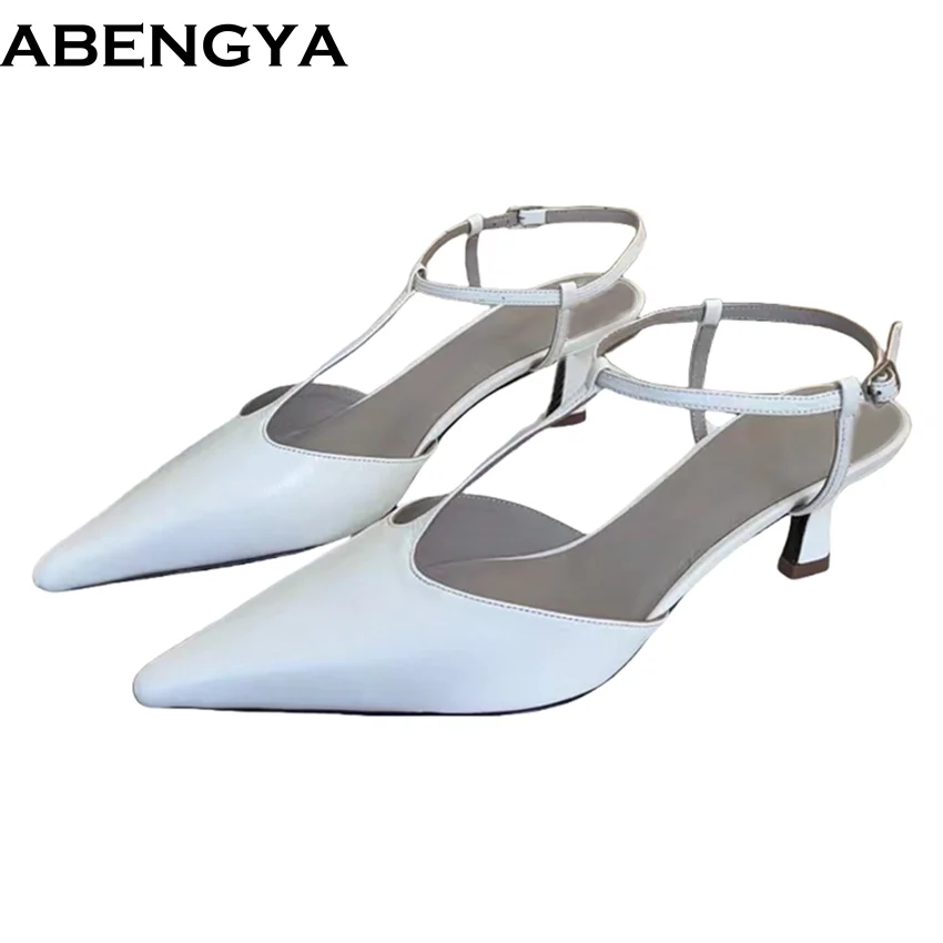 

ABENGYA сандалии на каблуке с острым носком, женские туфли-лодочки, белые кожаные модельные туфли с ремешком на щиколотке, женские Sandalias Mujer