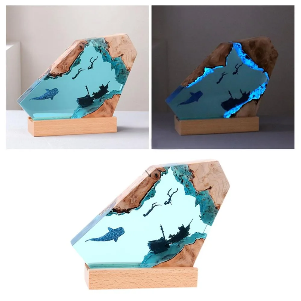 Luz de mesa de resina de mundo del mar de buceo gratis, carga USB, 2 buzos, lámpara de decoración artística, tema de exploración de cuevas de buceo