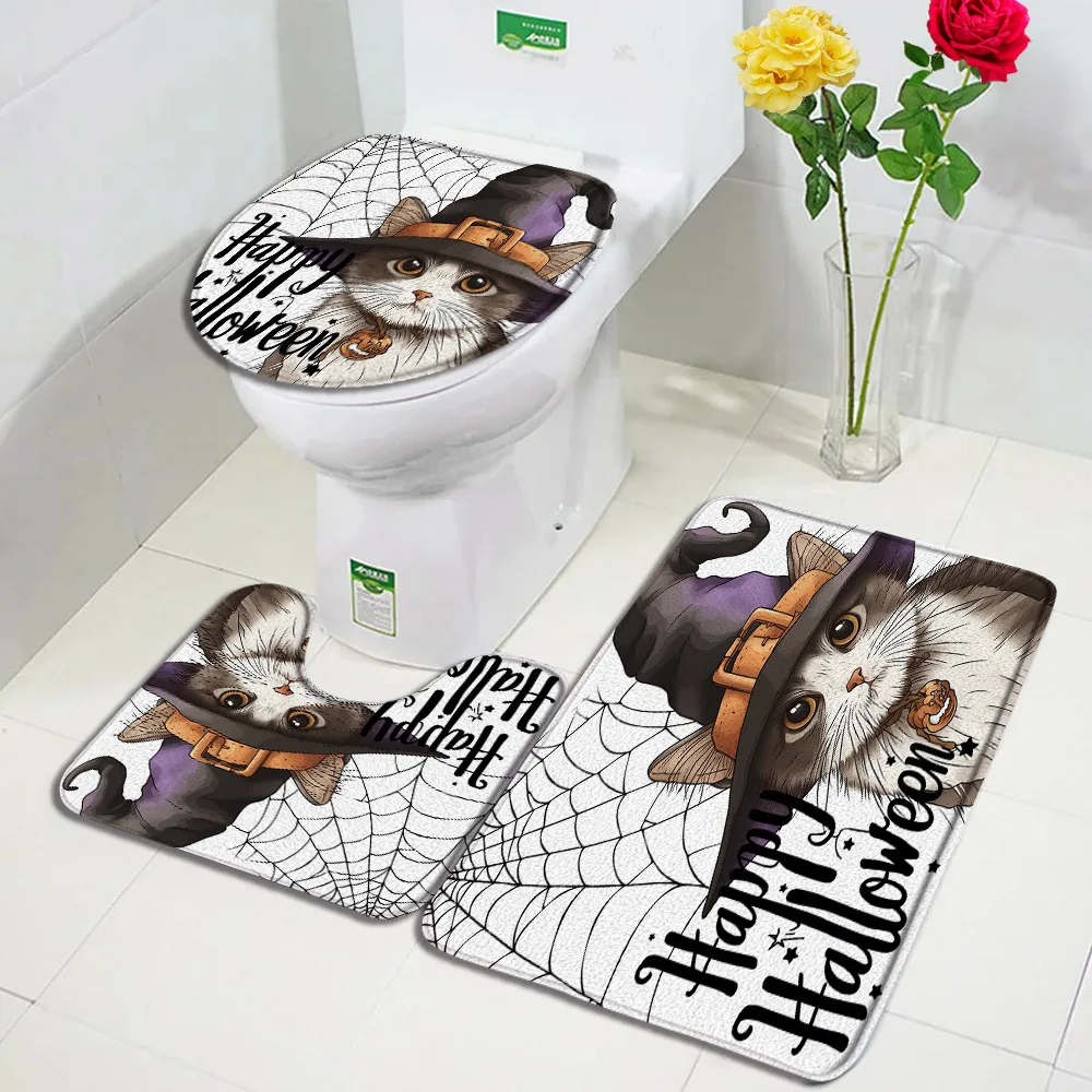 Halloween Bath Mat Set Pumpkin Lights Cute Cat Floral Skull Skeleton Home Carpet Bathroom Decorative Floor Rugs Toilet Lid Cover