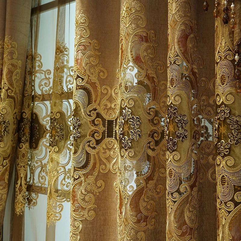 high-grade luxury European chenille embroider yellow livingroom valance curtain tulle M1593