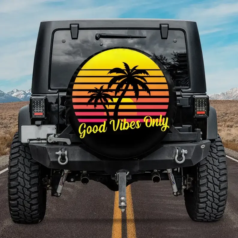 Good Vibes Only Sunset Palm Spare Tire Cover, Custom Personalized Tire Cover, Gift for Car Lover, RV SUV Tire Cover, Car Accesso