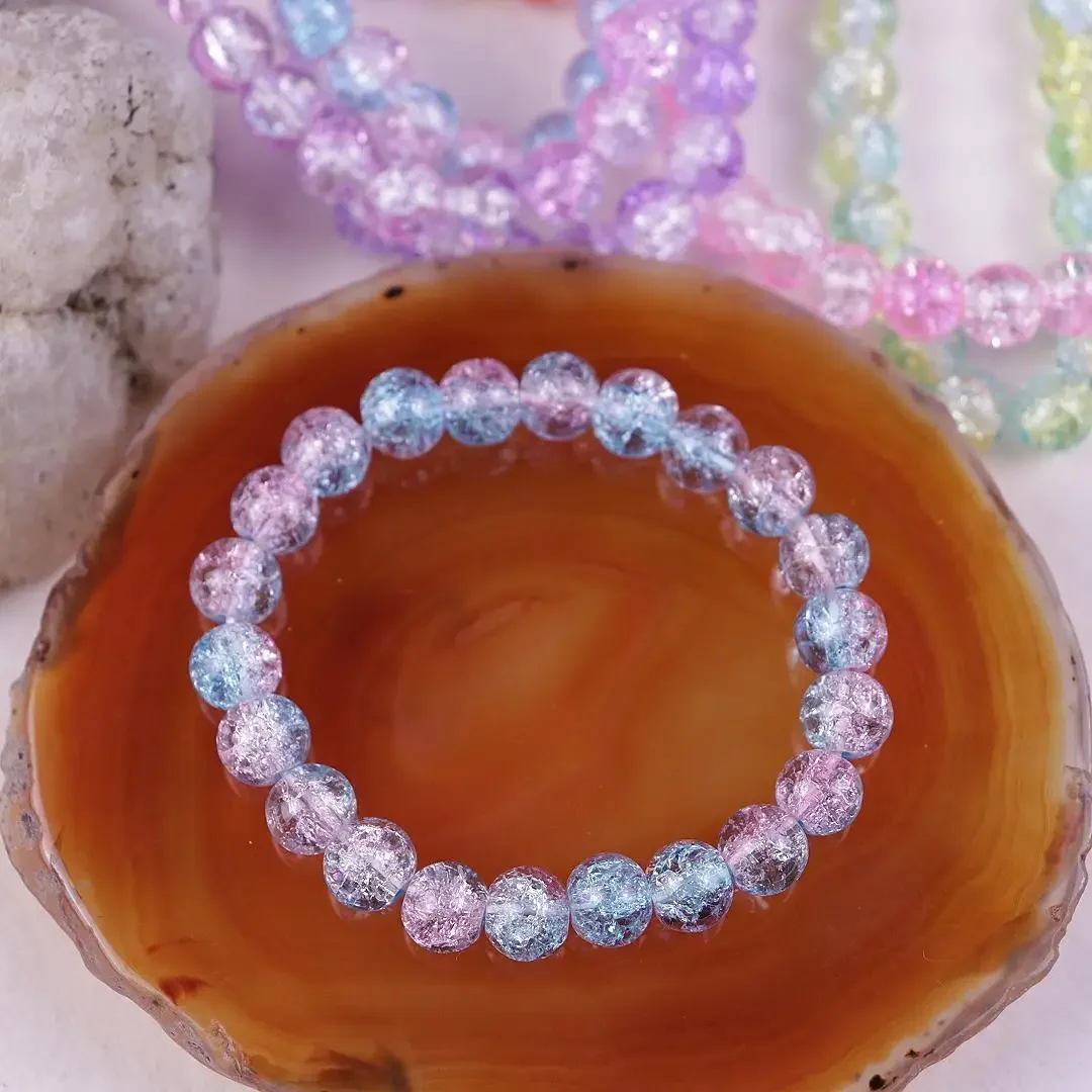 Pulsera elástica de la amistad con cuentas grandes de palomitas de maíz para niñas, brazaletes de vidrio degradado agrietado de hielo, accesorios de