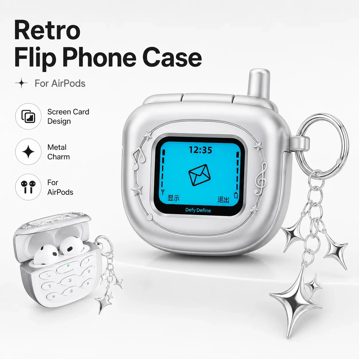 Y2K Retro Flip Phone AirPods Case, Matte Silver Earbuds Cover with Star Pendant Charm for Girls
