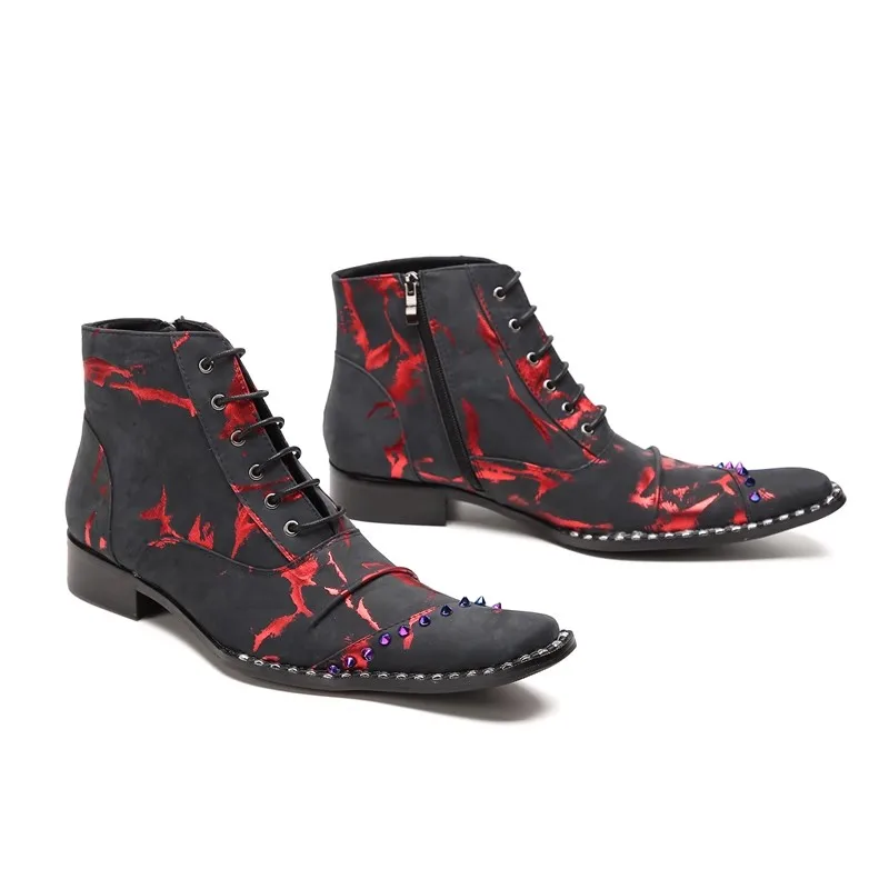 

Brand Design Pointed Toe Black Red Prints Boots Men New Fashion Genuine Leather Lack Up Ankle Boots Banquet Performance Shoes