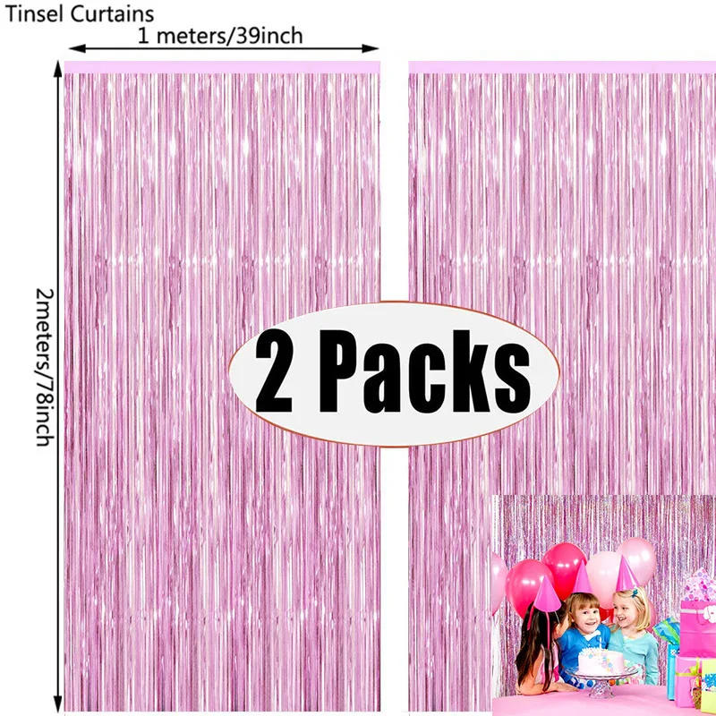 2Pack 1X2M Pink Metallic Foil Tinsel Fringe Curtain Backdrop Birthday Wedding Bachelorette Party Decoration Adult Anniversary