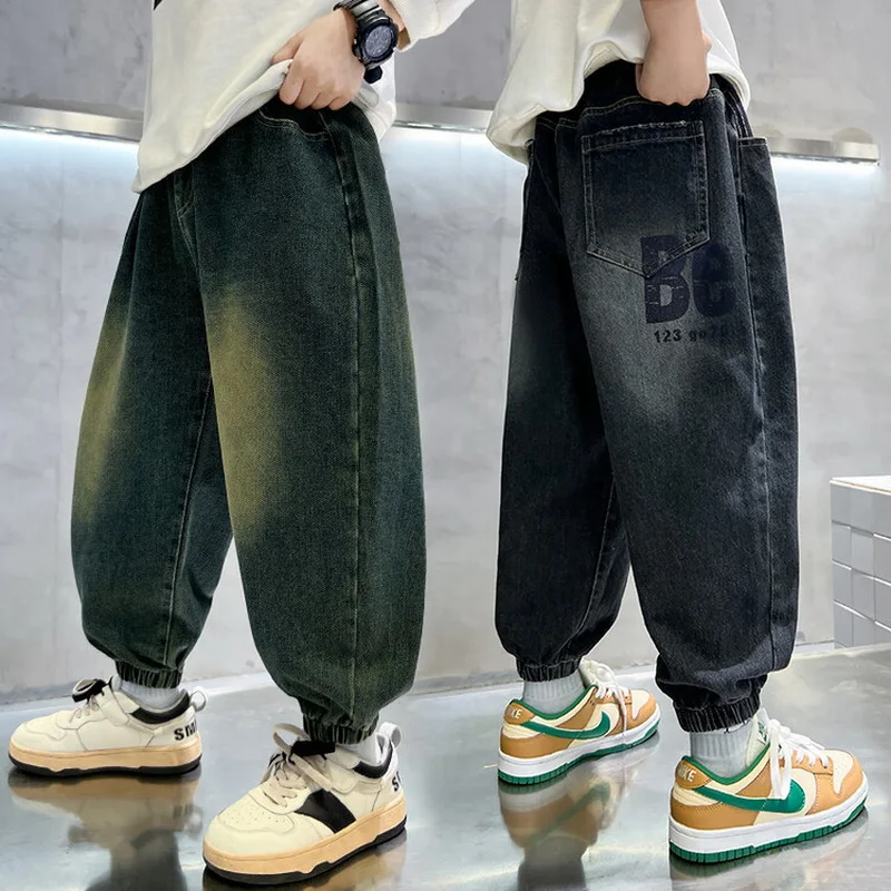 

Hot Sale Children Letter Jeans with Pocket for Boy New Spring Elastic Waist Denim Pants High Quality Teenage Kids Jeans Trousers