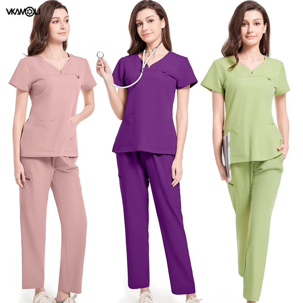 Traje de operación ajustado para mujer, conjunto de uniforme médico, tops y pantalones con múltiples bolsillos