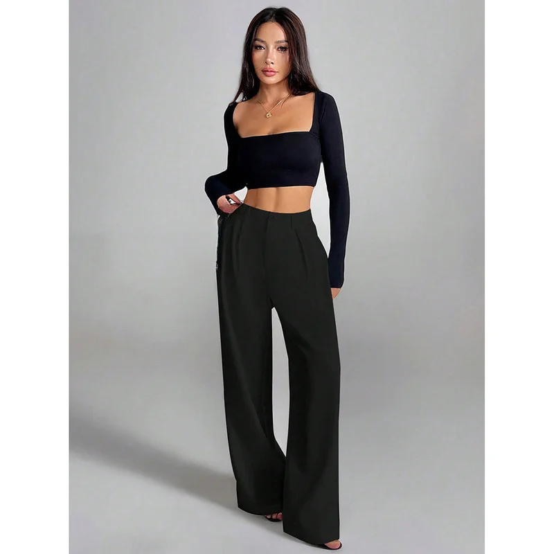QICHE European Women Draped High Waist Wide Leg Pants Loose Versatile Casual Long Trousers For Daily Wear