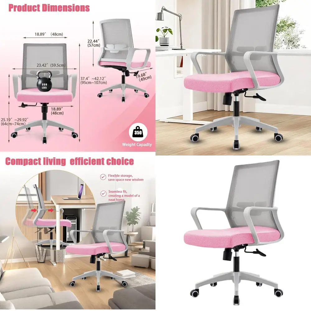 

Эргономичное офисное кресло с дышащей сеткой, регулируемой высотой и поясничной поддержкой для дома, офиса и учебы (розовое)