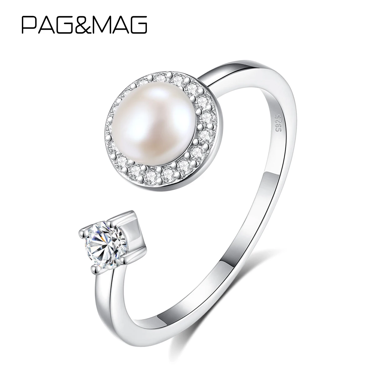 

Кольца PAG&MAG S925 с круглым белым жемчугом, элегантные, для женщин, свадебные, с фианитами, регулируемые, сверкающие, подарки на свадьбу