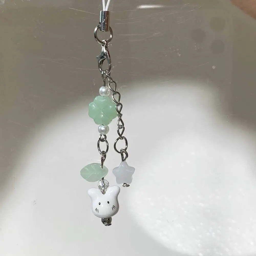 Y2K Cute Beaded Phone Charm Hanging Decoration Trendy Look Ceramics Bunny Keychain Handmade Rabbits Four Leaf Clover Pandant