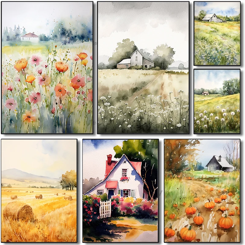 Country Cottage Flower Field Pumpkin Impressionist Watercolor Farm Life Poster Canvas Painting Wall Art Picture Home Decor