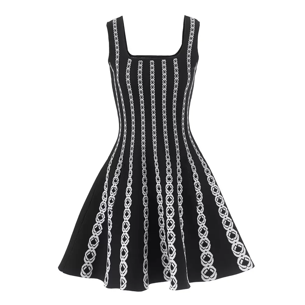 black knitted swing dress Spring Summer New Niche Design High Waist Big Jacquard Elegant Inner Wear Casual Midi Dresses For Women Sangria