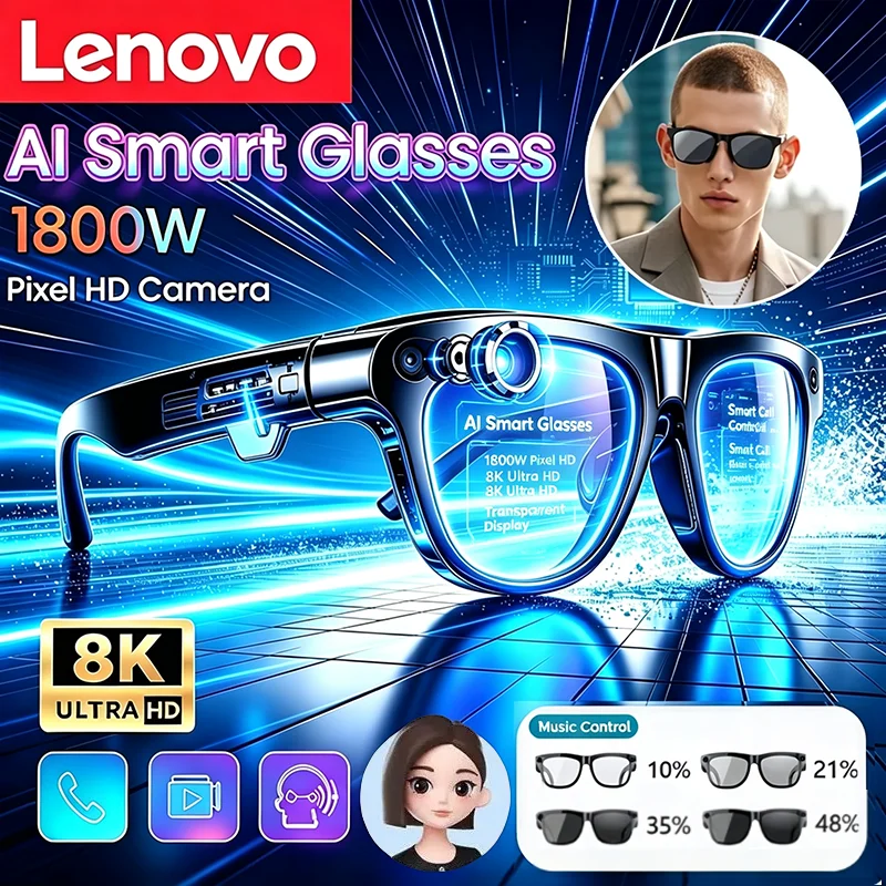 Lenovo 8K HD AI Translation Smart Glasses Bluetooth Call Voice Assistant Music Playing 2400MP Photochromic Women Men Sunglasses