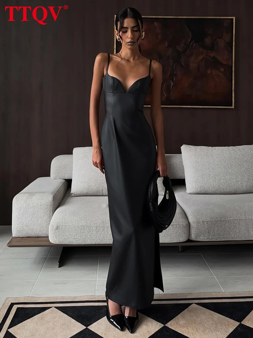 

TTQV Sexy Slim Black Pu Leather Women's Dress 2026 Summer Strap Sleeveless Ankle Length Dresses Bodycon Solid Female Dress