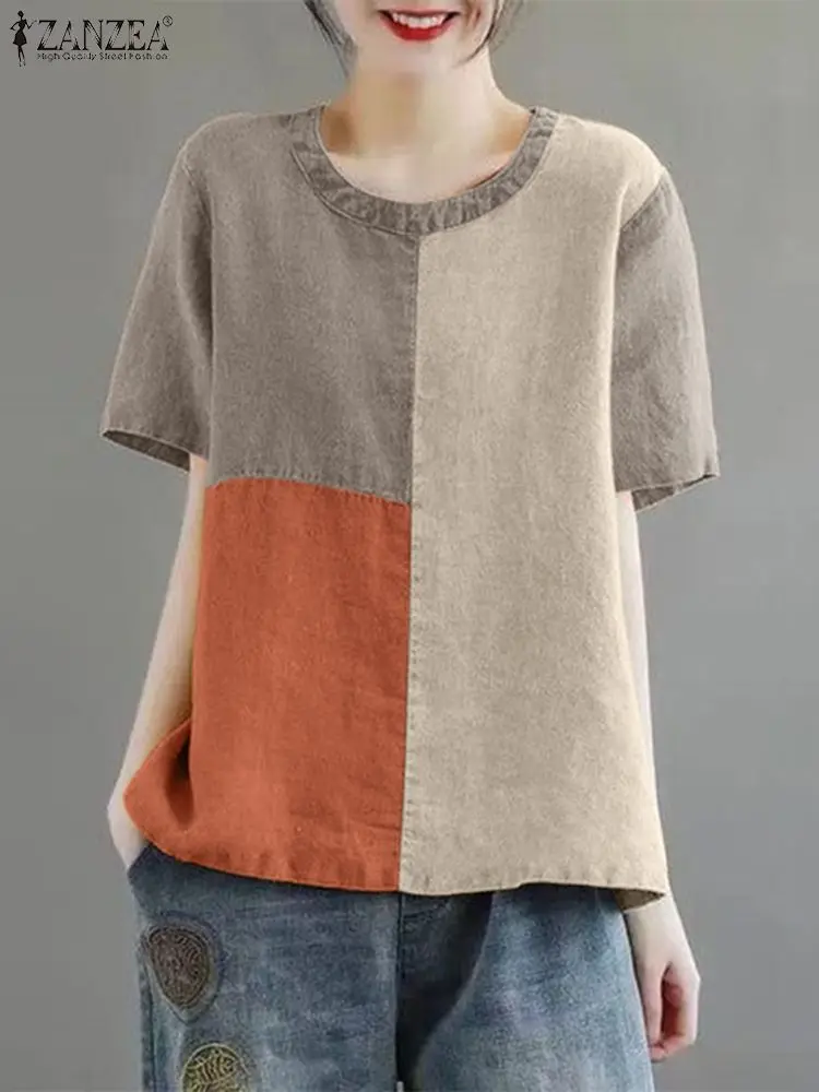 ZANZEA Women Patchwork Blouse 2024 Summer Short Sleeve Tunics Fashion Round Neck Shirts Casual Loose Holiday Cotton Linen Tops