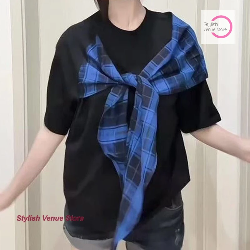 

Summer new plaid shawl college wind bow shawl T-shirt female Korean fashion design slim casual Joker short-sleeved shirt.