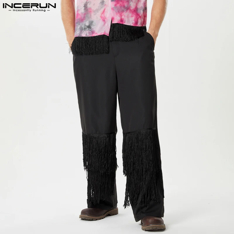 

INCERUN 2024 American Style Trousers Fashion Men's Splicing Tassel Design Pants Casual Simple Solid Traight Leg Pantalons S-5XL