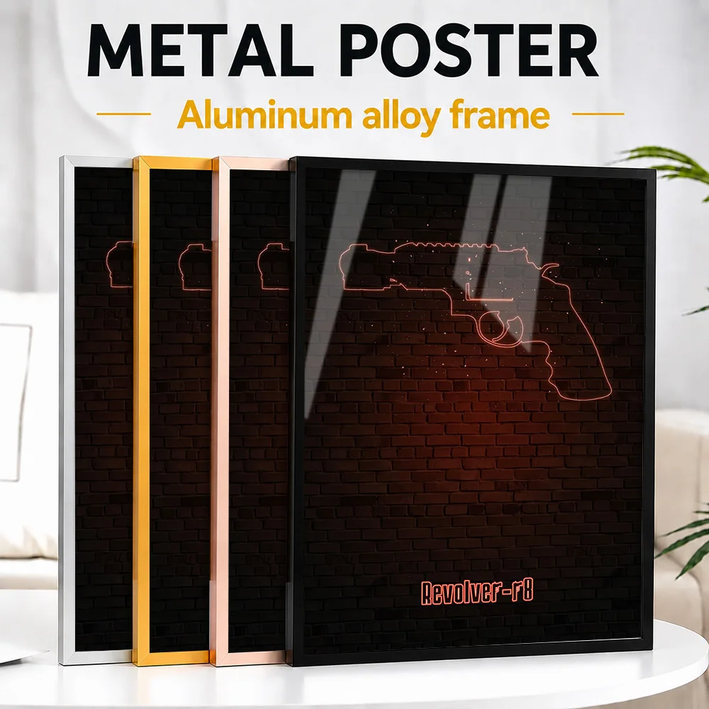 Revolver Outline Framed Metal Poster Customized Neon Style Wall Art For Bedroom And Entertainment Room, Gaming Enthusiast Gift