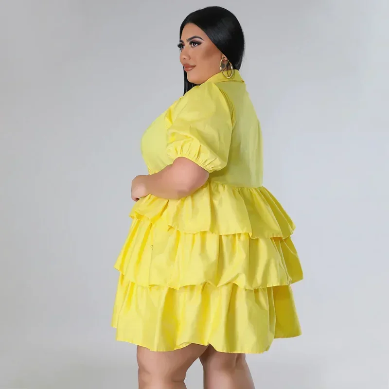 KEXU Plus Size Women Cascading Ruffles Short Sleeve Turn-down Collar Loose Short Dress Vintage Summer Smock Dresses Vestidos