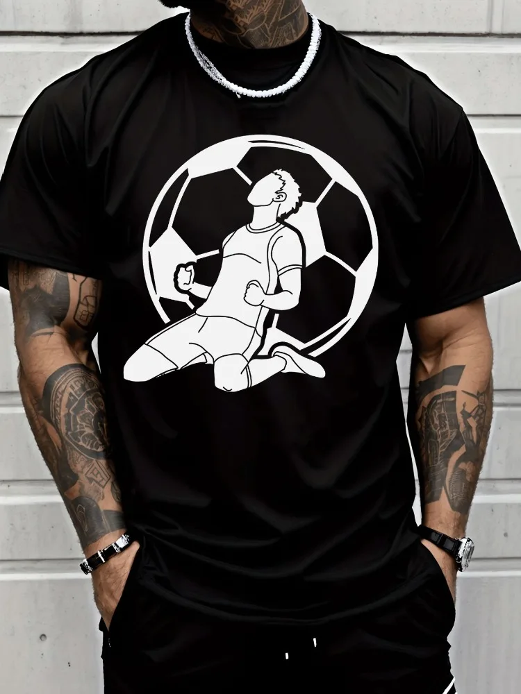 Men Summer Cotton Tee Football Soccer Player Celebration Silhouette Graphic Sports Fan Casual Short Sleeve Daily Fashion Top