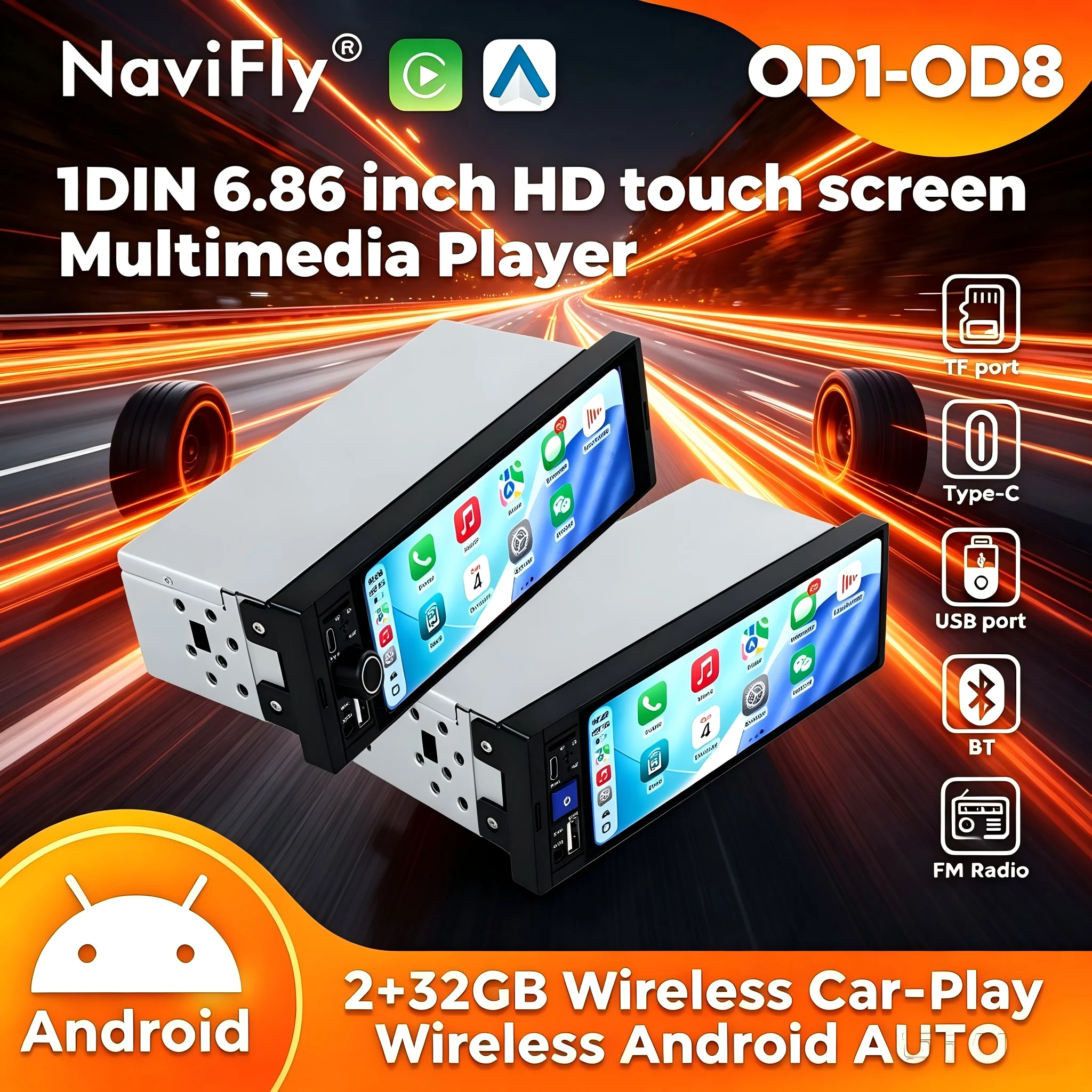 NAVIFLY 64GB Auto-Multimedia-Player 1Din Android Intelligentes System Drahtloses Carplay Auto Unterstützt BT FM Radio AUX-Anschluss GPS