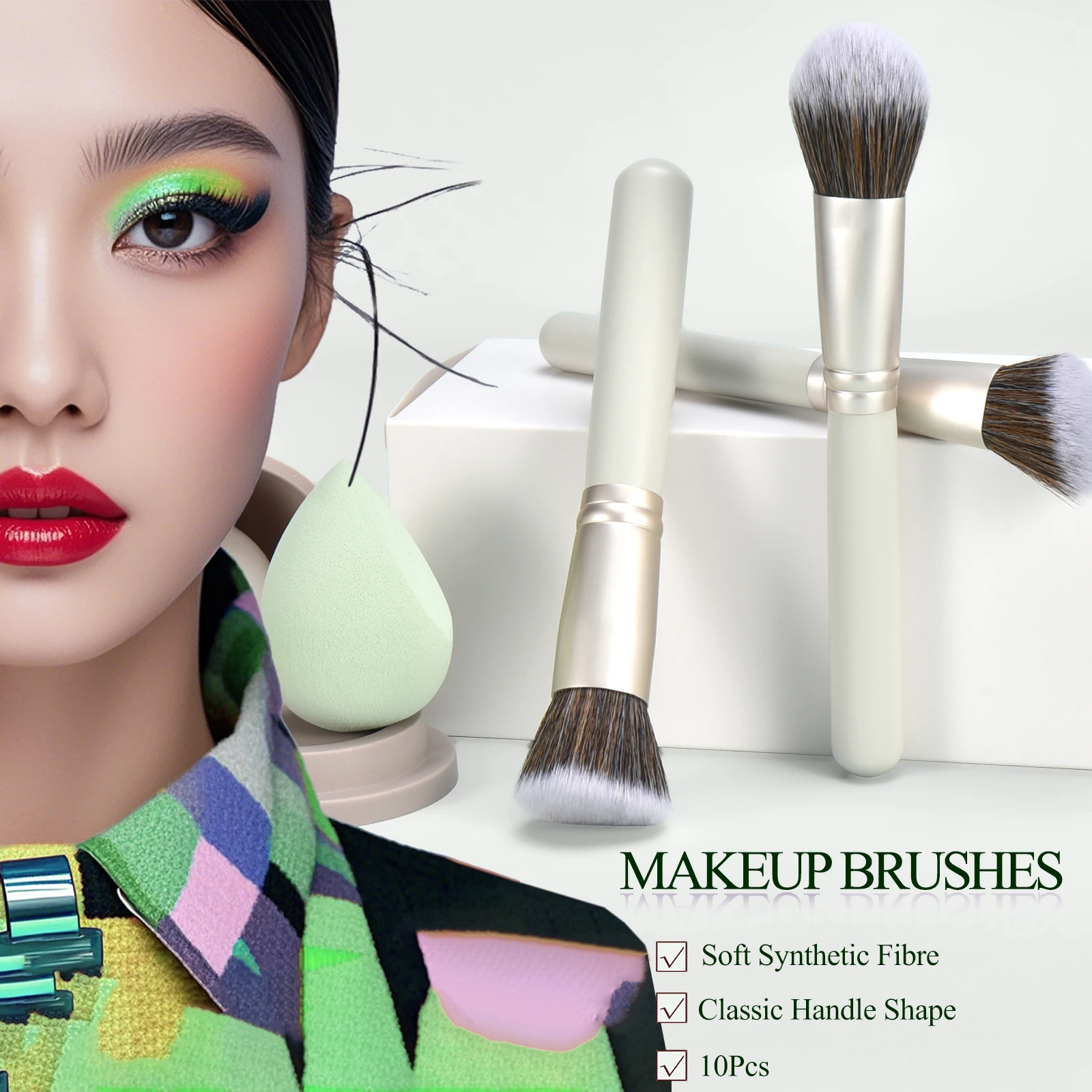 10本の木製メイクブラシセット 高品質合成ファンデーションアイシャドウブラシ メイクスポンジとパウダーパフ付き - 完璧な美しさ