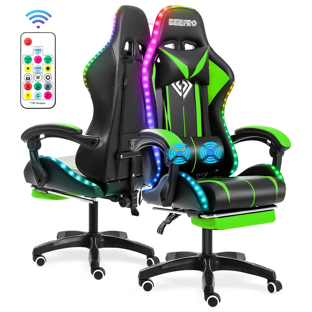 Kursi Gaming dengan kulit PVC RGB, lampu Kursi Kantor Gamer ergonomis kursi putar Pijat 2 titik kursi balap