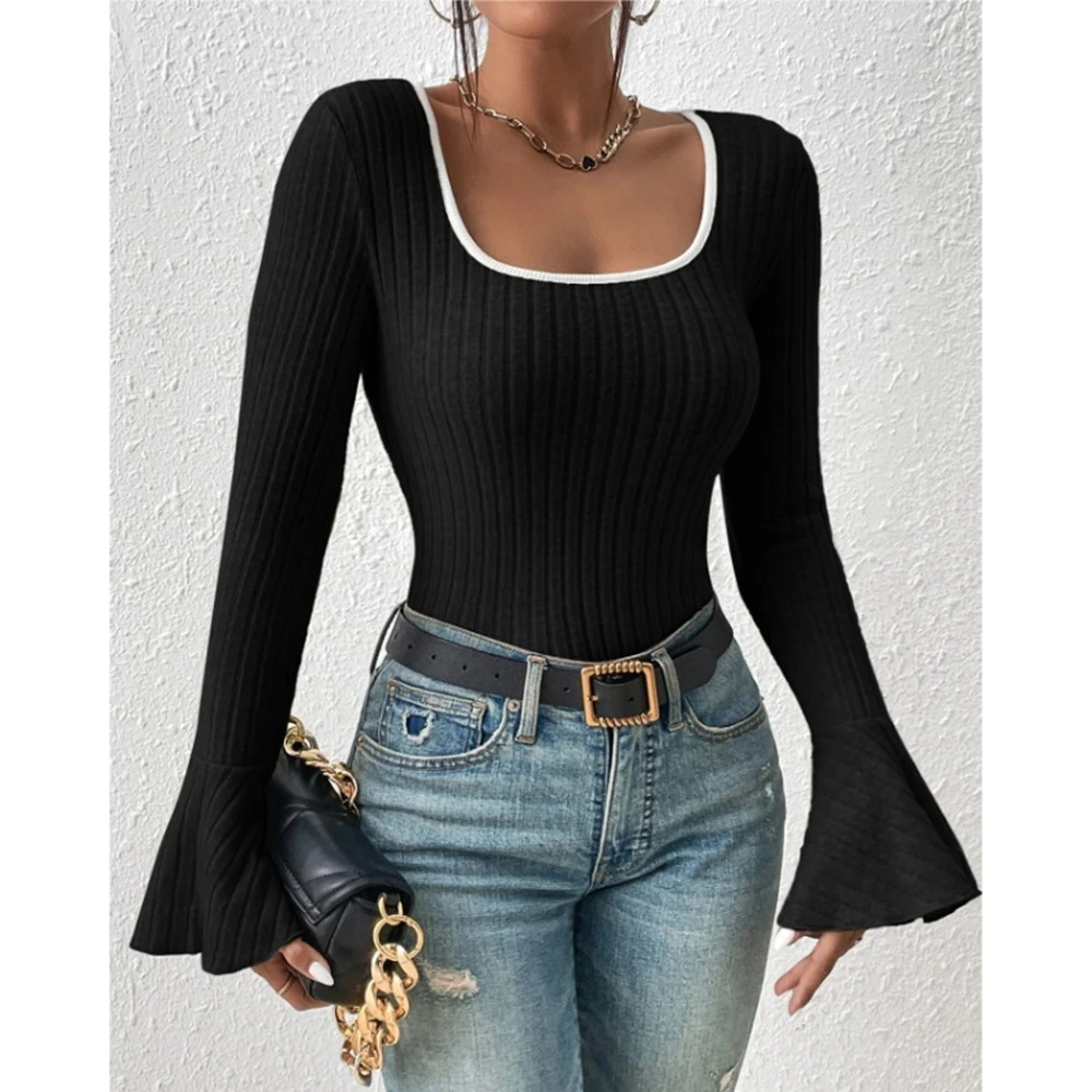 

Autumn Fashion Women Colorblock Ribbed U Neck Flare Long Sleeve T Shirts Elegant Femme Skinny Top Fall Clothes 2024 Women