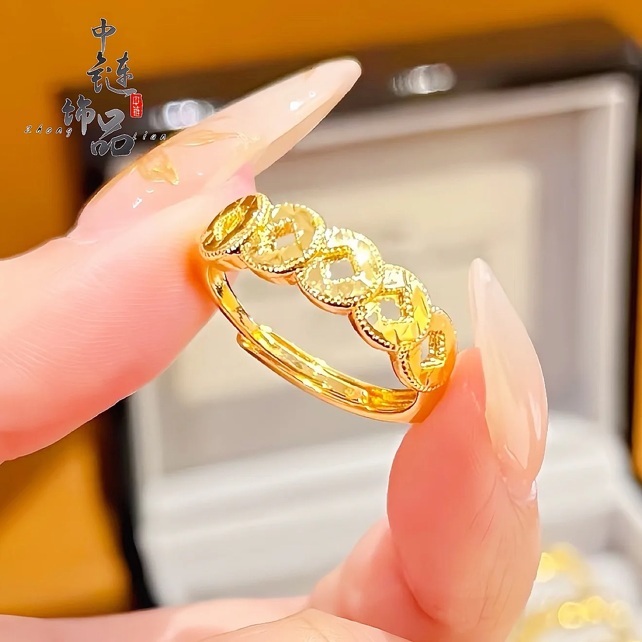 9999 gold high-color ancient five-emperor coin open-ended ring - New Chinese-style versatile coin ring wholesale