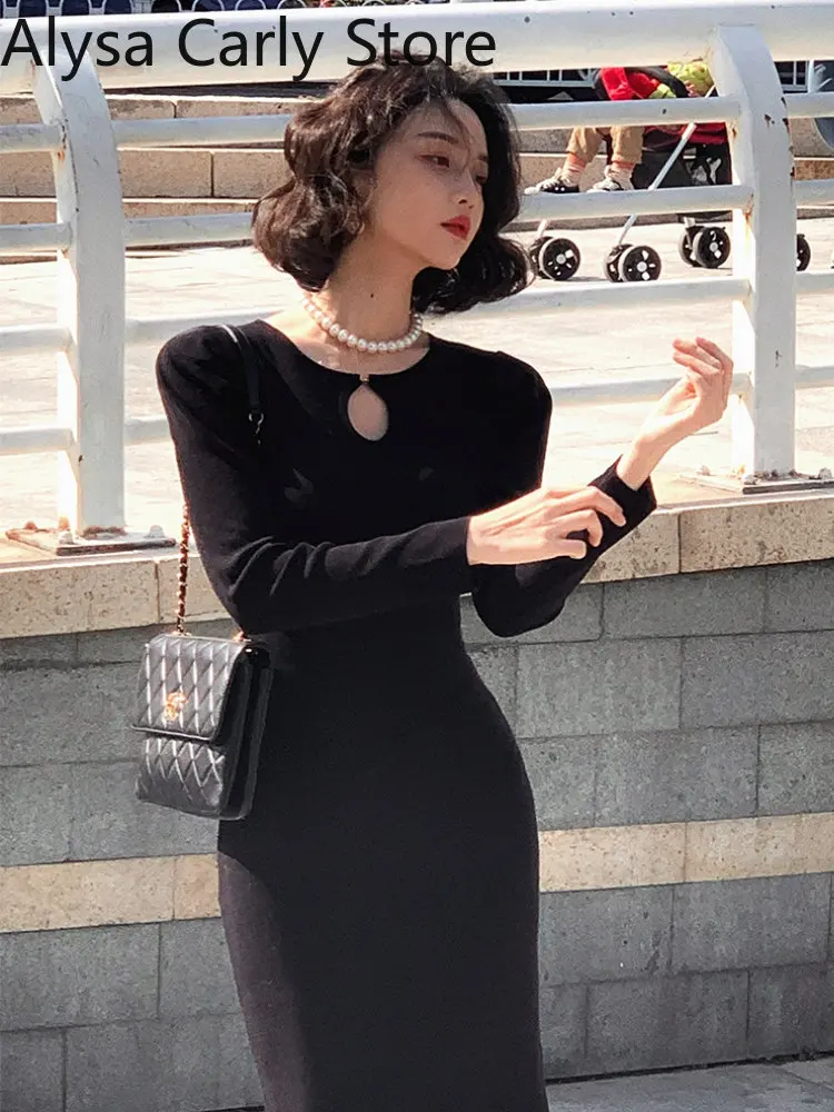 2022 Thu Nàng Tiên Cá Đan Đầm Sexy Khoét Hở Bodycon Midi Đầm Nữ Cổ Dệt Kim Chân Váy 1 Hàn Quốc Thanh Lịch