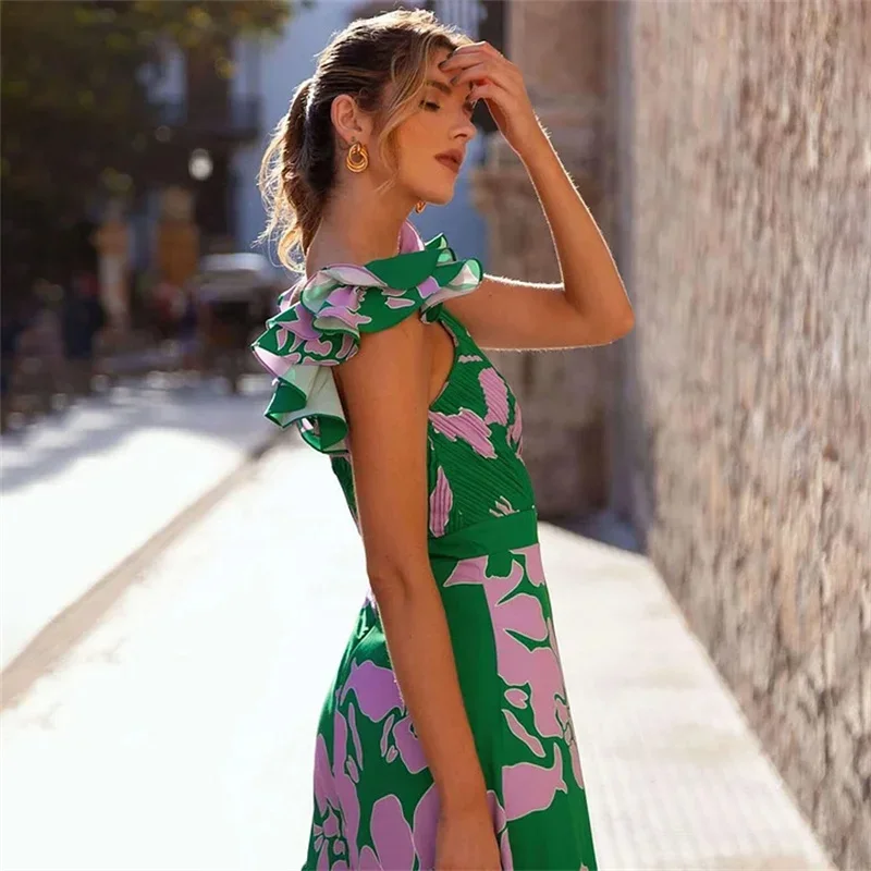 

Women's V-Neck 3D Ruffle One Piece Swimsuit with Skirt Hollow out Leaf Print Beachwear Set Vacation Casual Bathing Suit Dress