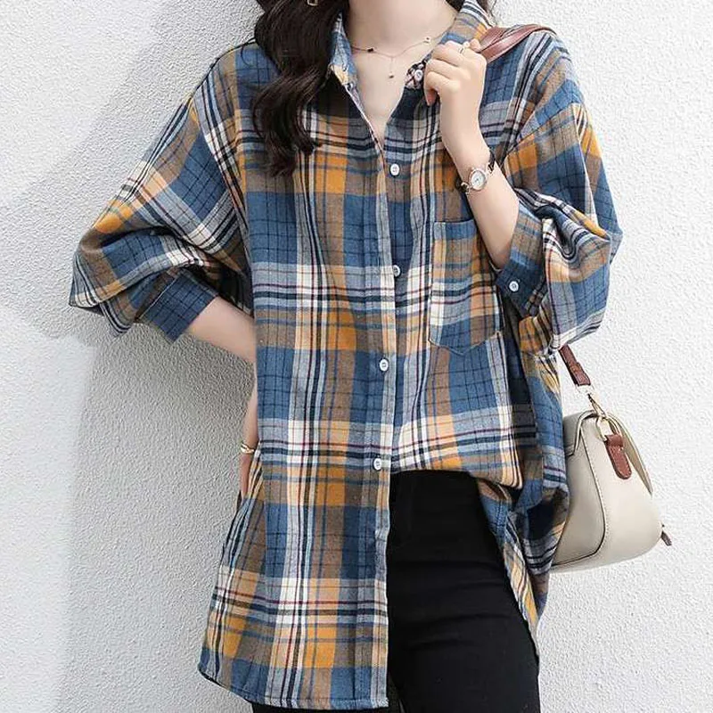 Spring Autumn Fashion New Long Sleeve Loose Plaid Blouse Women\'s Clothing Pockets Casual Single-breasted Turn-down Collar Shirt